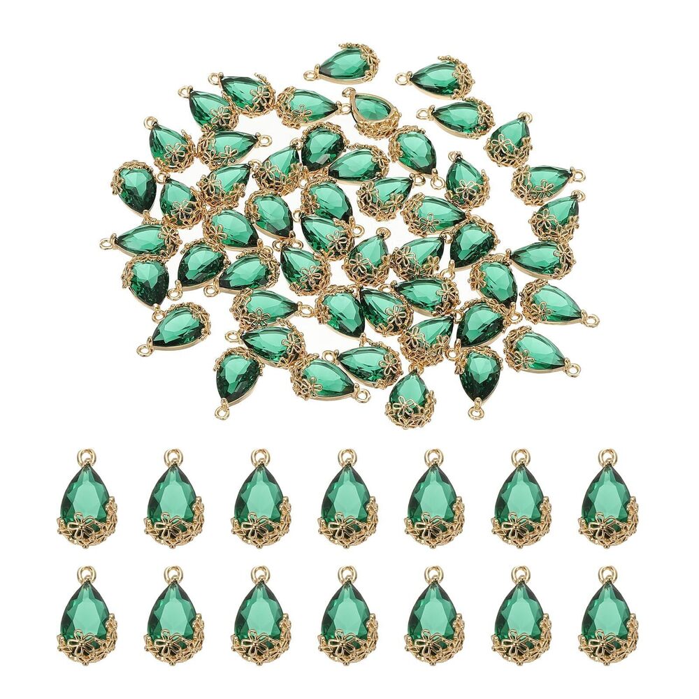 8986 50 Pcs Faceted Teardrop Rhinestone Gemstone Charms, Gold Plated Glass
